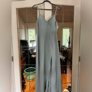 Sage Green Spaghetti Strap bridesmaids/prom dress with Front Slit